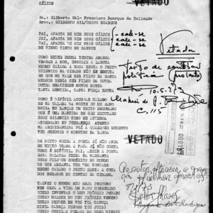 Parecer do Serviço de Censura e Diversões Públicas (SCDP) à letra da canção Cálice, composta por Chico Buarque e Gilberto Gil