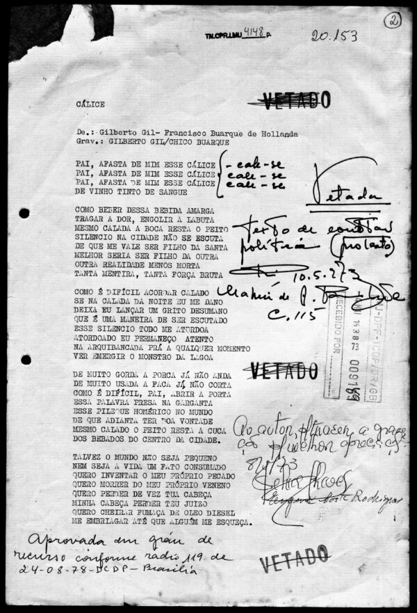 Parecer do Serviço de Censura e Diversões Públicas (SCDP) à letra da canção Cálice, composta por Chico Buarque e Gilberto Gil